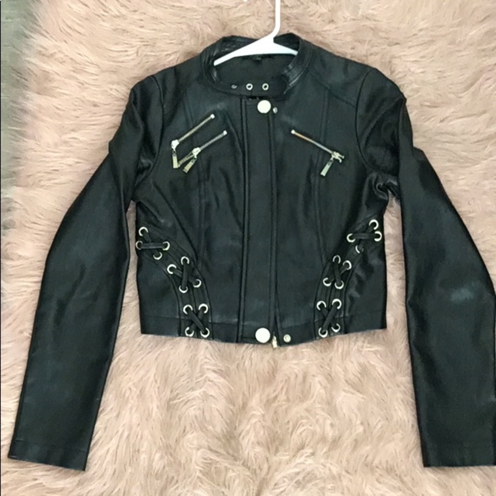 Black leather long sleeve cropped jacket